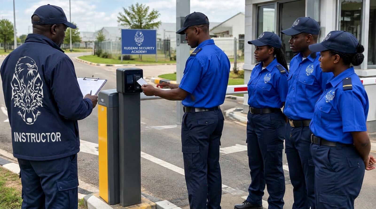 Trainees practising access control at a boom gate